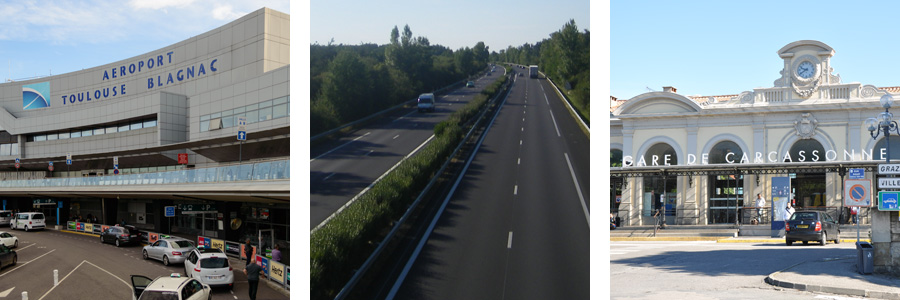 Images de l'aéroport de Toulouse Blagnac, de l'autoroute A61 et de la gare de Carcassone